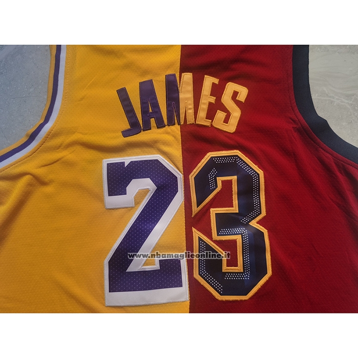 Maglia Cleveland Cavaliers Los Angeles Lakers LeBron James #23 Split Rosso Giallo